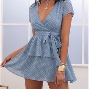 Blue ruffle dress with dotted chiffon